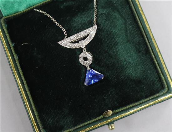 A 1920s style white metal, sapphire and diamond set drop pendant necklace, 25mm.